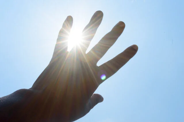 太陽の光と女性の手